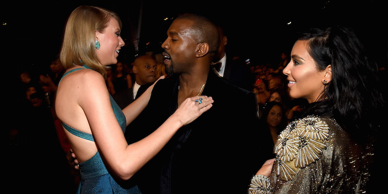 LOS ANGELES, CA - FEBRUARY 08: (L-R) Recording Artists Taylor Swift, Kanye West and tv personality Kim Kardashian attend The 57th Annual GRAMMY Awards at the STAPLES Center on February 8, 2015 in Los Angeles, California. (Photo by Larry Busacca/Getty Images for NARAS)
